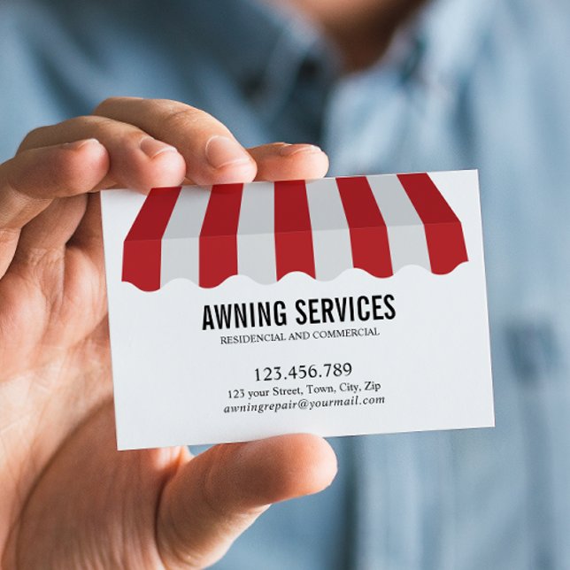 Red White Awning Services Städning Professionell Visitkort (Eye-Catching Red and White Awning Business Card with list of service)