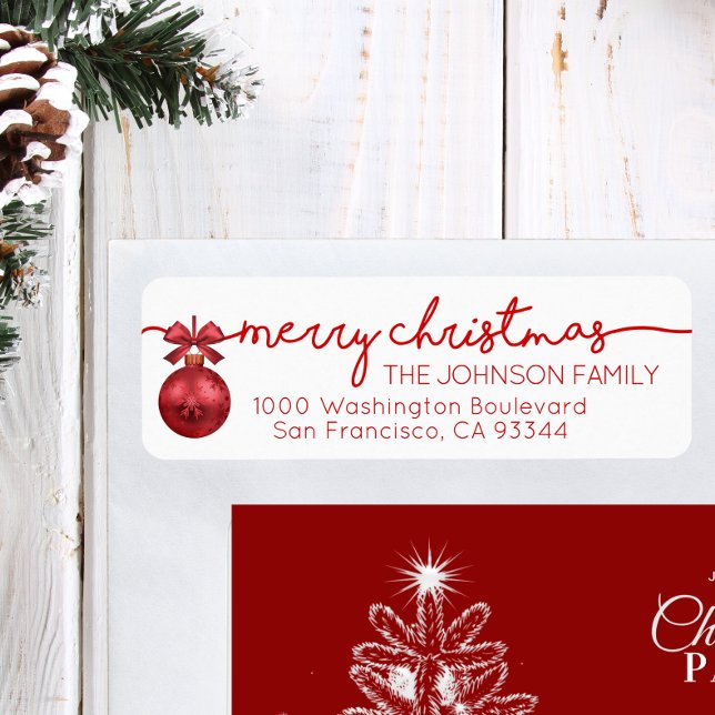 Red White Bauble God jul Returadress Etikett (Red White Bauble Merry Christmas Return Address Label)