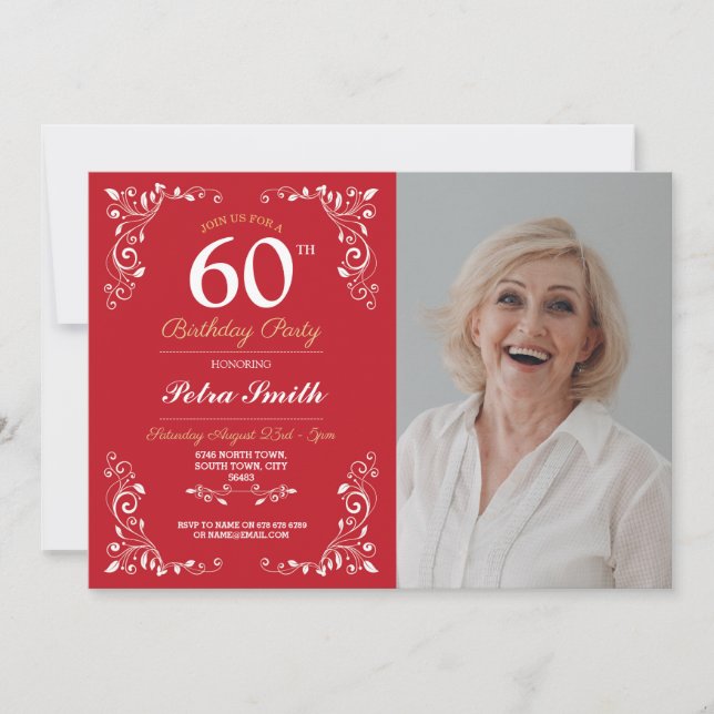 Red White Birthday Womens Classy 60:e foto Inbjudningar (Framsida)