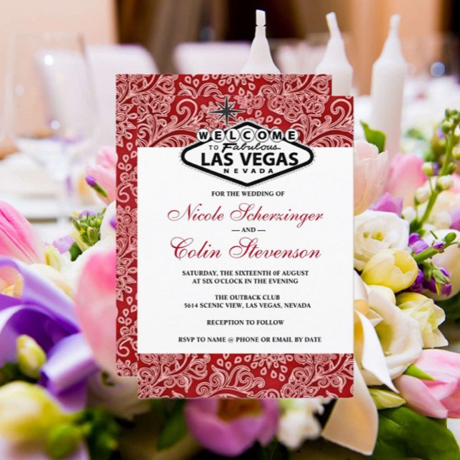 Red White Black Damask Elegant Las Vegas Bröllop Inbjudningar (Skapare uppladdad)