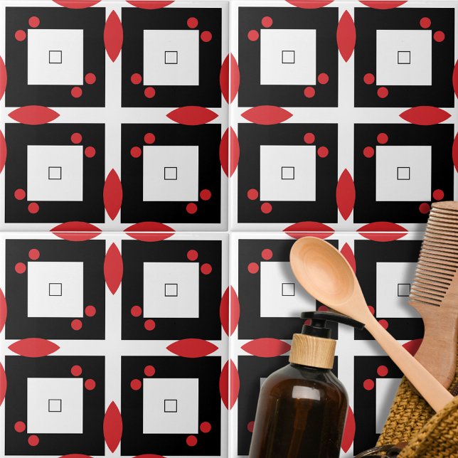 Red White Black Dots och Squares Geometric Mönster Kakelplatta (Skapare uppladdad)