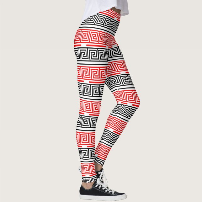 Red White Black Grekiska Nyckel Fret Mönster Desig Leggings (Skapare uppladdad)