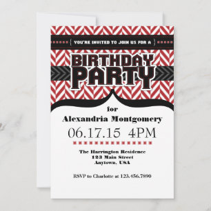Red White Black Herringbone Birthday Inbjudan