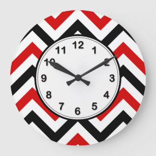 Red, White, Black Large Chevron ZigZag Mönster Stor Klocka