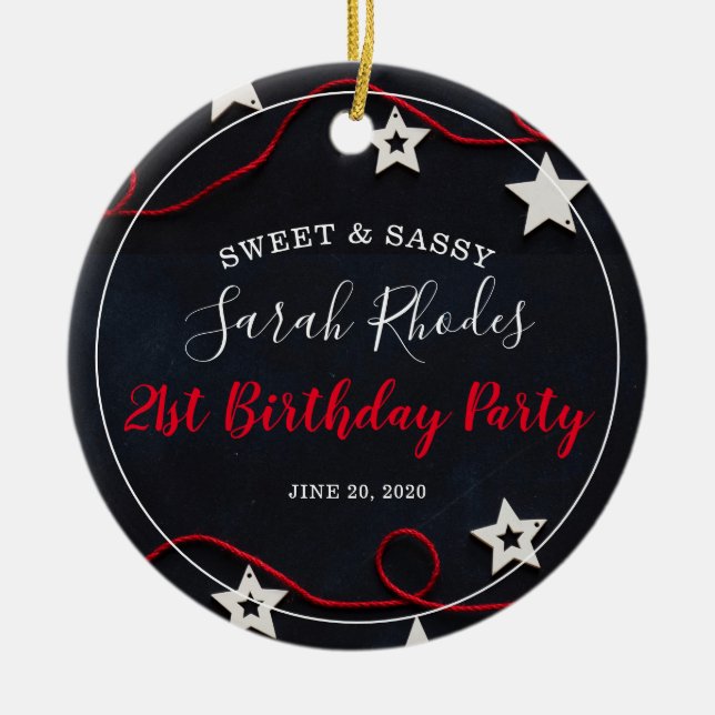 Red White & Black Sweet and Sassy Stars Birthday Julgransprydnad Keramik (Framsidan)
