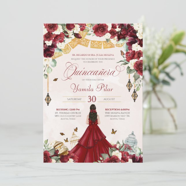 Red White Blommigt Butterfly Elegant Quinceanera V Inbjudningar (Stående Fram)