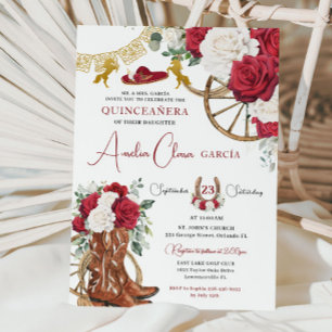 Red White Blommigt Charro Boots Horses Quinceañera Inbjudningar