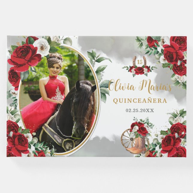 Red White Blommigt Charro Boots Quinceanera Photo Gästböcker (Framsida)