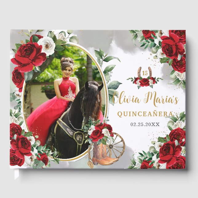 Red White Blommigt Charro Boots Quinceanera Photo Gästböcker (Framsida)