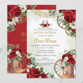 Red White Blommigt Charro Boots Sweet 16 Quinceañe Inbjudningar