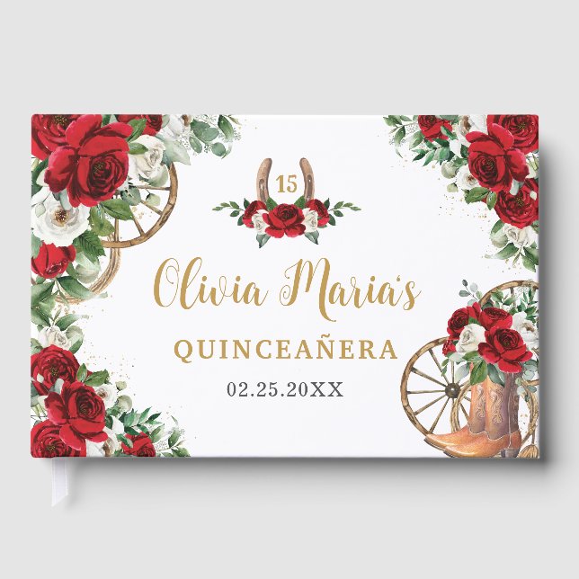 Red White Blommigt Charro CowboyBoots Quinceanera Gästböcker (Framsida)