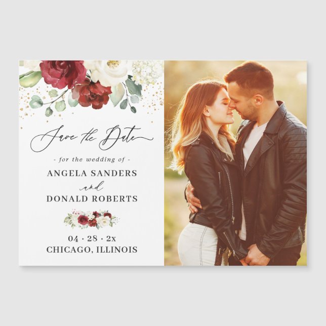 Red White Blommigt Chic Bröllop spara datum Magnet (Framsida)