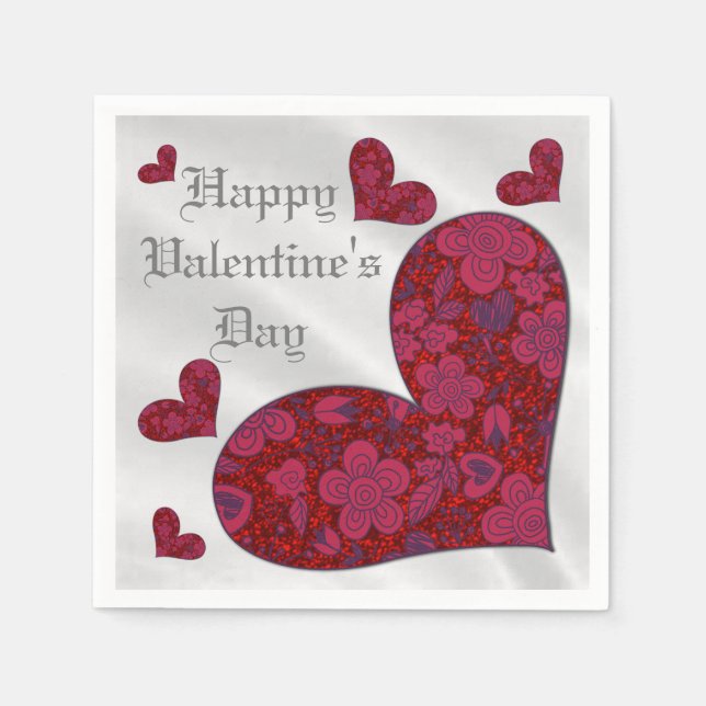 Red & White Blommigt Doodle Glitter Heart Napkins Pappersservett (Framsidan)