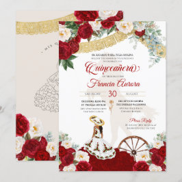 Red White Blommigt Elegant Guld - Charro Quinceane Inbjudningar