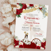 Red White Blommigt & Guld Elegant Charro Quinceane