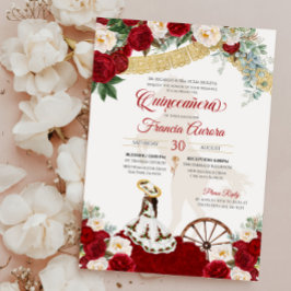 Red White Blommigt & Guld Elegant Charro Quinceane Inbjudningar