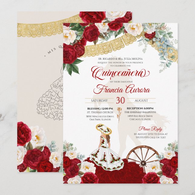 Red White Blommigt & Guld Elegant Charro Quinceane Inbjudningar (Fram/baksida)