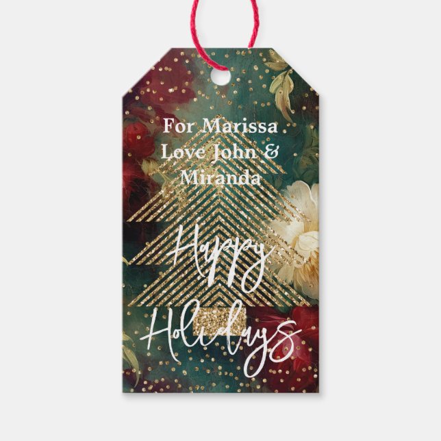 Red White Blommigt Guld Glitter Träd Presentetikett (Framsidan)