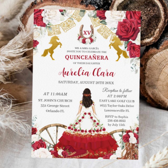 Red White Blommigt Vilda western Charro Quinceañer Spara Datumet (quinceanera-mis-quince-charro-western-boots-horses-red-roses-floral-birthday-party-invitation)