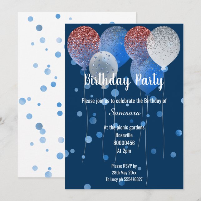 RED WHITE & BLUE BIRTHDAY BALLOON NAVY SPOT INBJUDNINGAR (Fram/baksida)