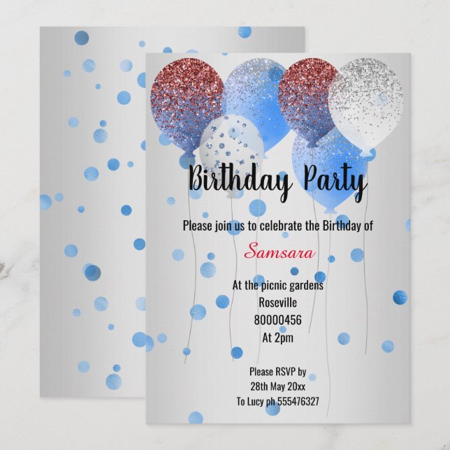 RED WHITE & BLUE BIRTHDAY BALLOON SILVER SPOT INBJUDNINGAR (Fram/baksida)
