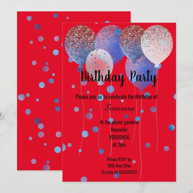 RED WHITE & BLUE BIRTHDAY BALLOON WHITE SPOT INBJUDNINGAR (Fram/baksida)