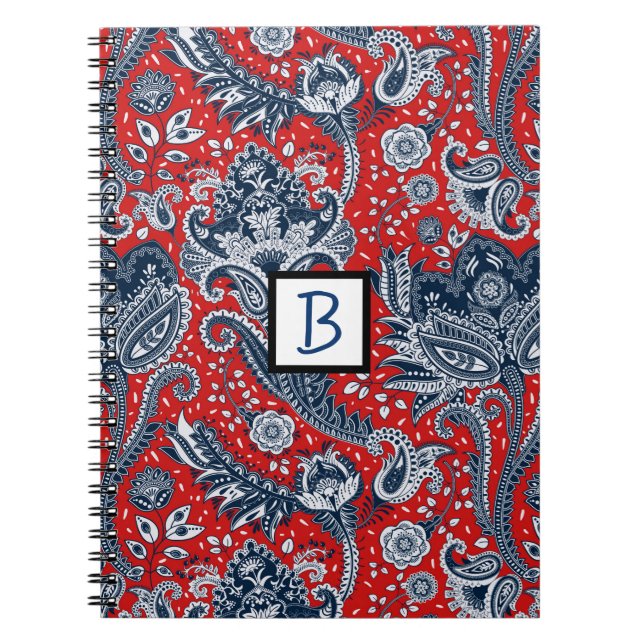 Red White & Blue Blommigt Paisley Bohemian Boho Anteckningsbok (Framsidan)