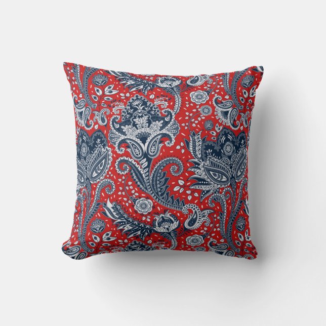Red White & Blue Blommigt Paisley Bohemian Boho Kudde (Framsida)