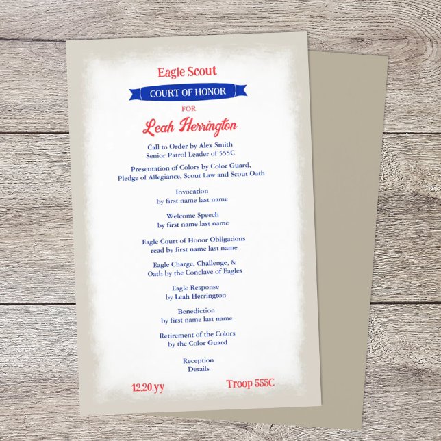 Red, White, Blue Court of Honor Program (patriotic red white blue beige eagle scout court of honor ceremony program)