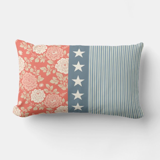 Red White Blue Stripe Block Print Stars Lumbarkudde (Framsida)