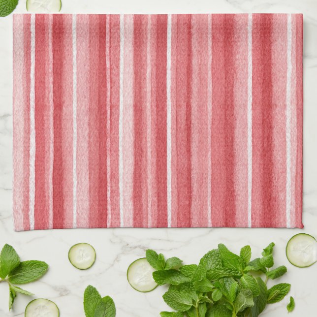 Red White Blush Pink Stripes Kökshandduk (Vikta)