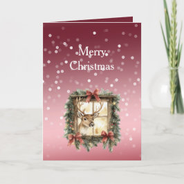 Red White Bokeh Dots Christmas Deer in Window Kort