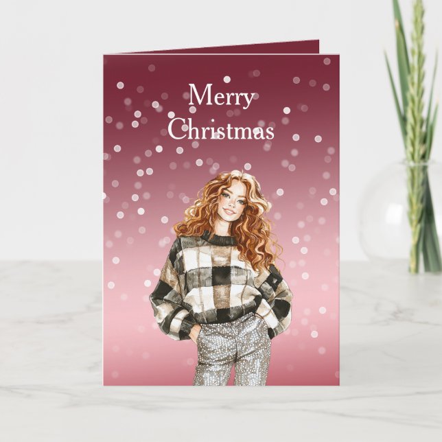 Red White Bokeh Dots Christmas Girl Kort (Framsida)