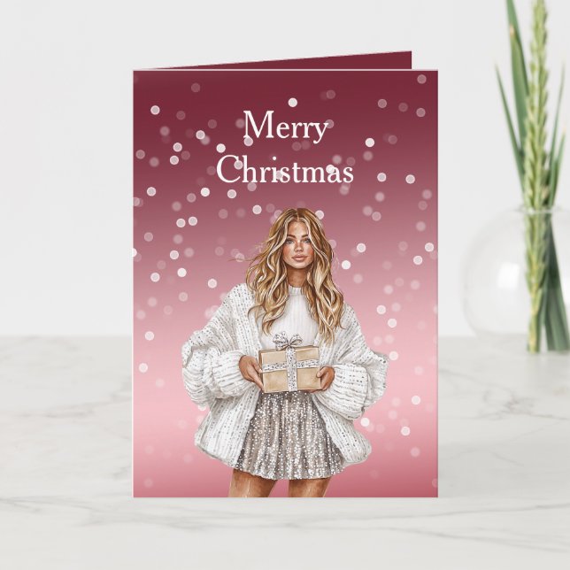 Red White Bokeh Dots Christmas Pretty Blond Girl Kort (Framsida)