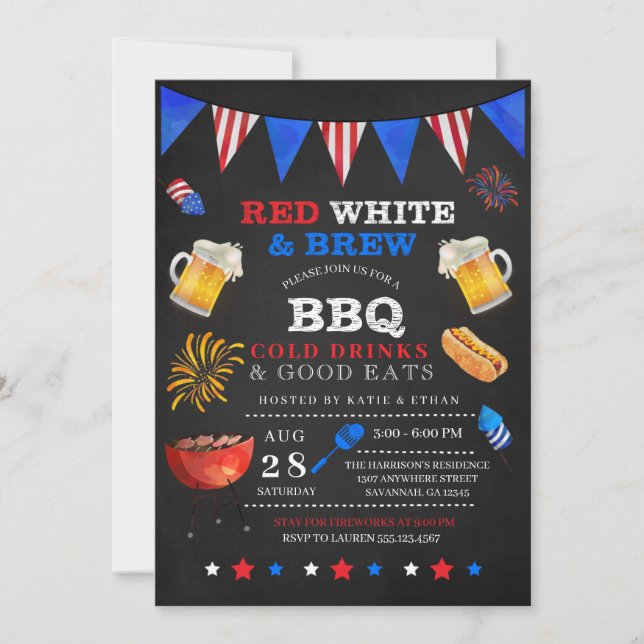 Red White & Brew 4:e juli BBQ-inbjudan Inbjudningar (Framsida)