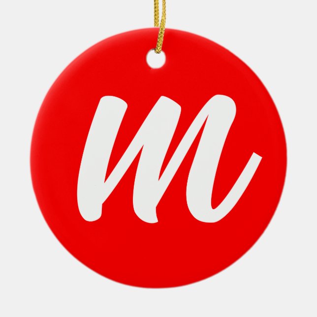 Red White Calligraphy Monogram Initial Brev Julgransprydnad Keramik (Framsidan)