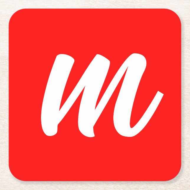 Red White Calligraphy Monogram Initial Brev Underlägg Papper Kvadrat (Framsidan)