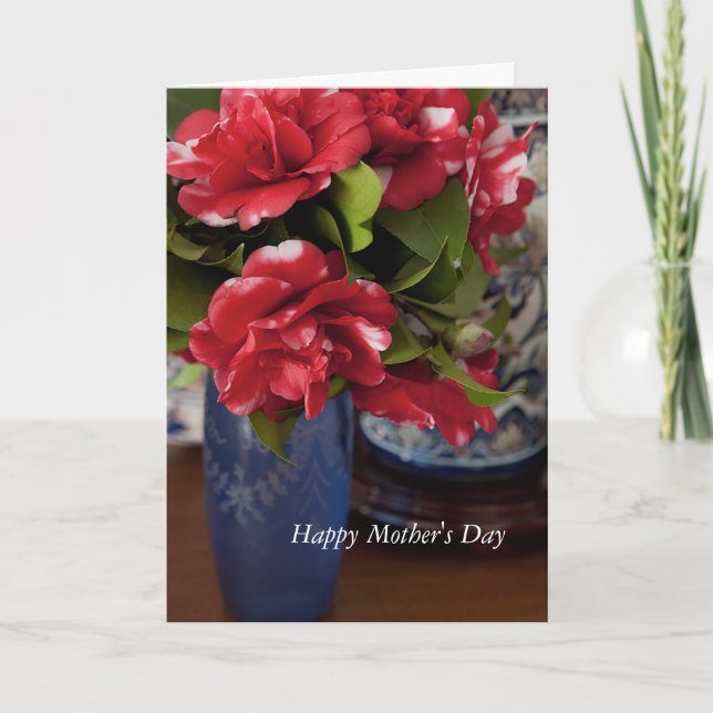 Red & White Camelias Blue vas Mors dag Kort (Framsida)