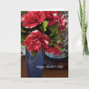 Red & White Camelias Blue vas Mors dag Kort