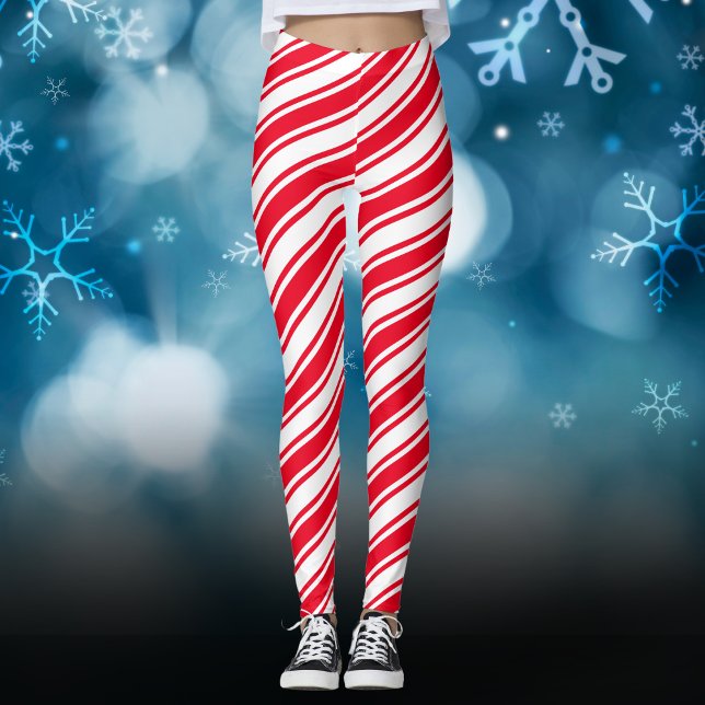 Red White Candy cane Diagonal Rand jul Leggings (Skapare uppladdad)