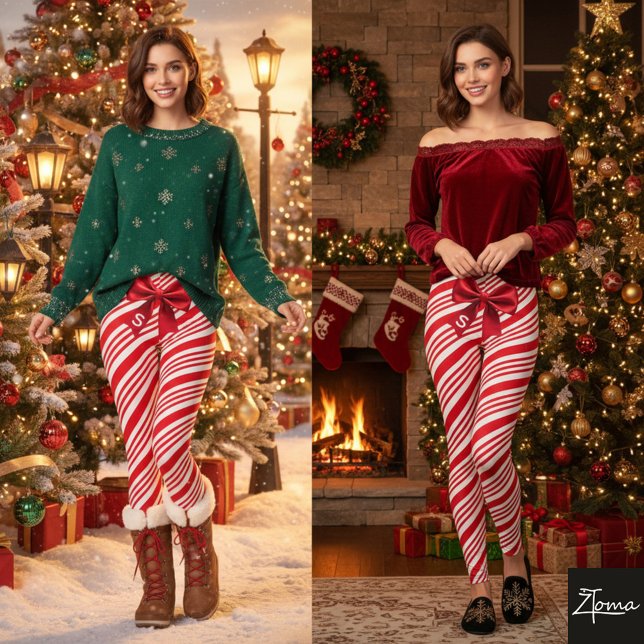 Red White Candy Cane Diagonal Stripes Bow Leggings (Skapare uppladdad)