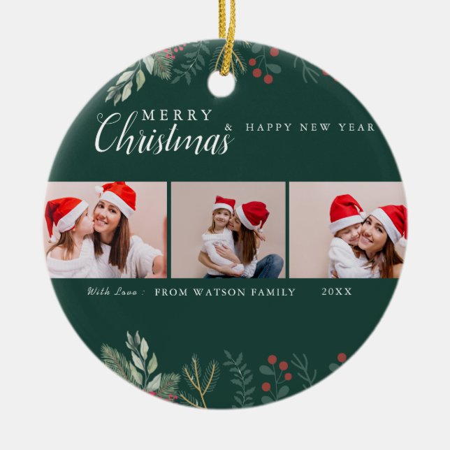 Red & White Candy cane Helgdag Photo Collage Ceram Julgransprydnad Keramik (Framsidan)