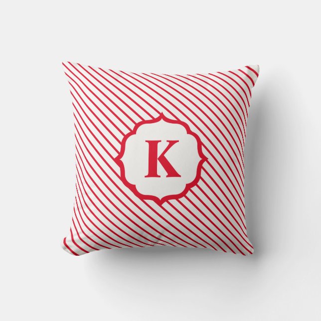 Red White Candy cane Rand Monogram jul Kudde (Framsida)