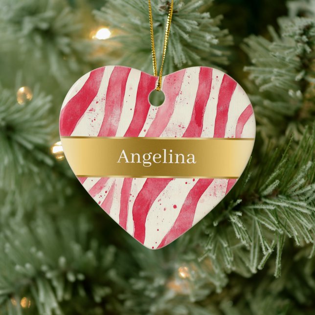 Red White Candy Cane Stripes Gold Ribbon Christmas Julgransprydnad Keramik (Träd)