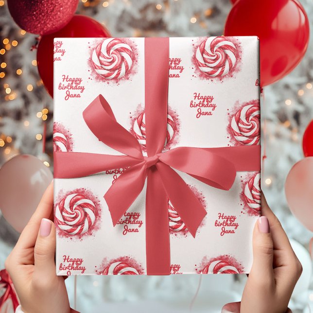 Red & White Candy Winter Birthday Presentpapper (Skapare uppladdad)