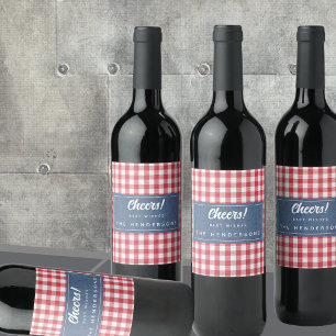 Red White Check Gingham och Blue Denim Cheers Vinflaska Etikett