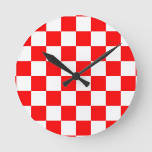 Red White Checkated Mönster Rund Klocka