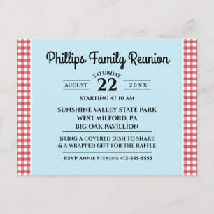 Red & White Checked Tablecloth Blue Family Reunion Inbjudan Vykort