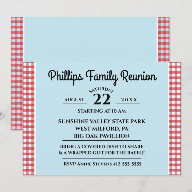 Red & White Checked Tablecloth Blue Family Reunion Inbjudningar (Fram/baksida)