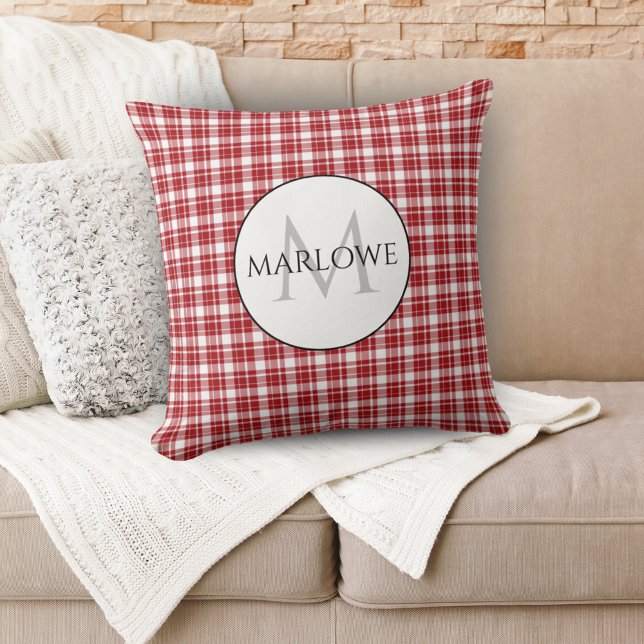Red White Checks Play Monogram Kudde (Red White Checks Plaid Monogram Throw Pillow)